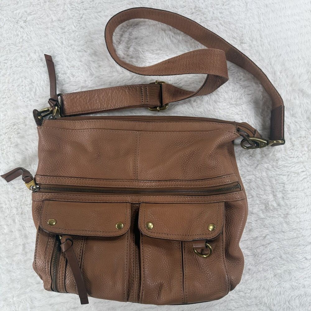 Fossil Camel Brown Leather Morgan Travel Crossbody Messenger Bag